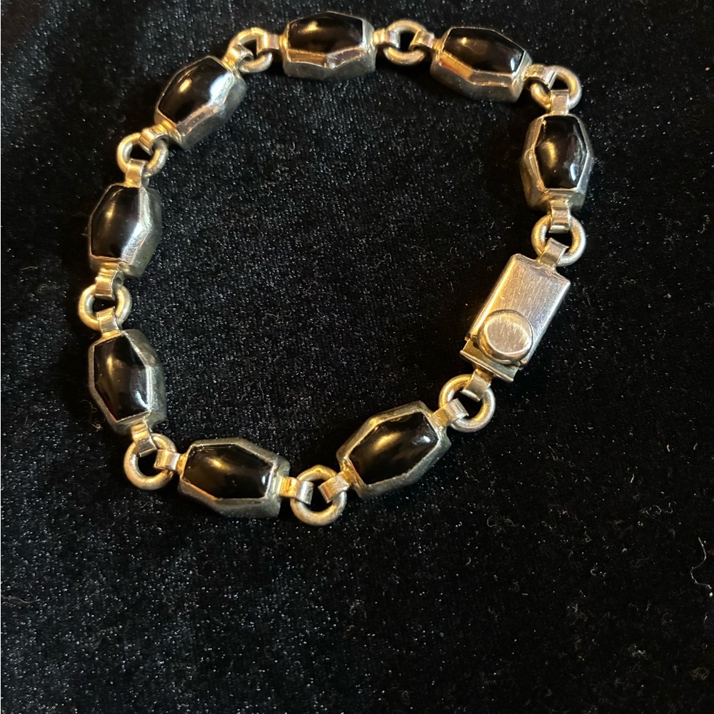Vintage 925 Onyx Chain Bracelet Rectangle- Octagon shaped Design 8”